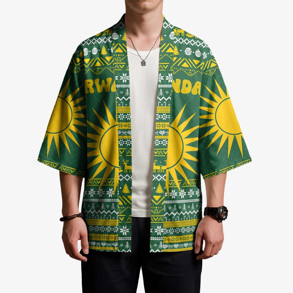 Rwanda Christmas Kimono with Green-Yellow Pattern, National Emblem, and Radiant Sun Motif - Wonder Print Shop