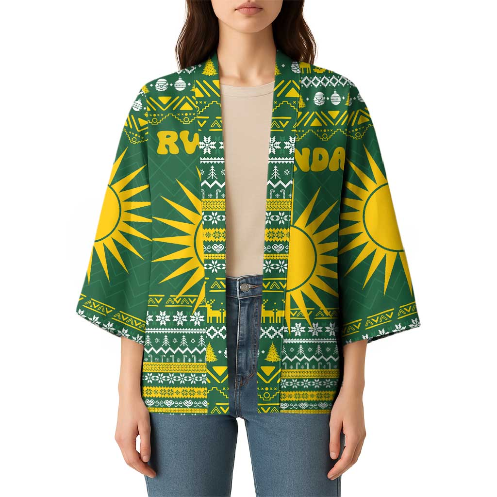 Rwanda Christmas Kimono with Green-Yellow Pattern, National Emblem, and Radiant Sun Motif - Wonder Print Shop