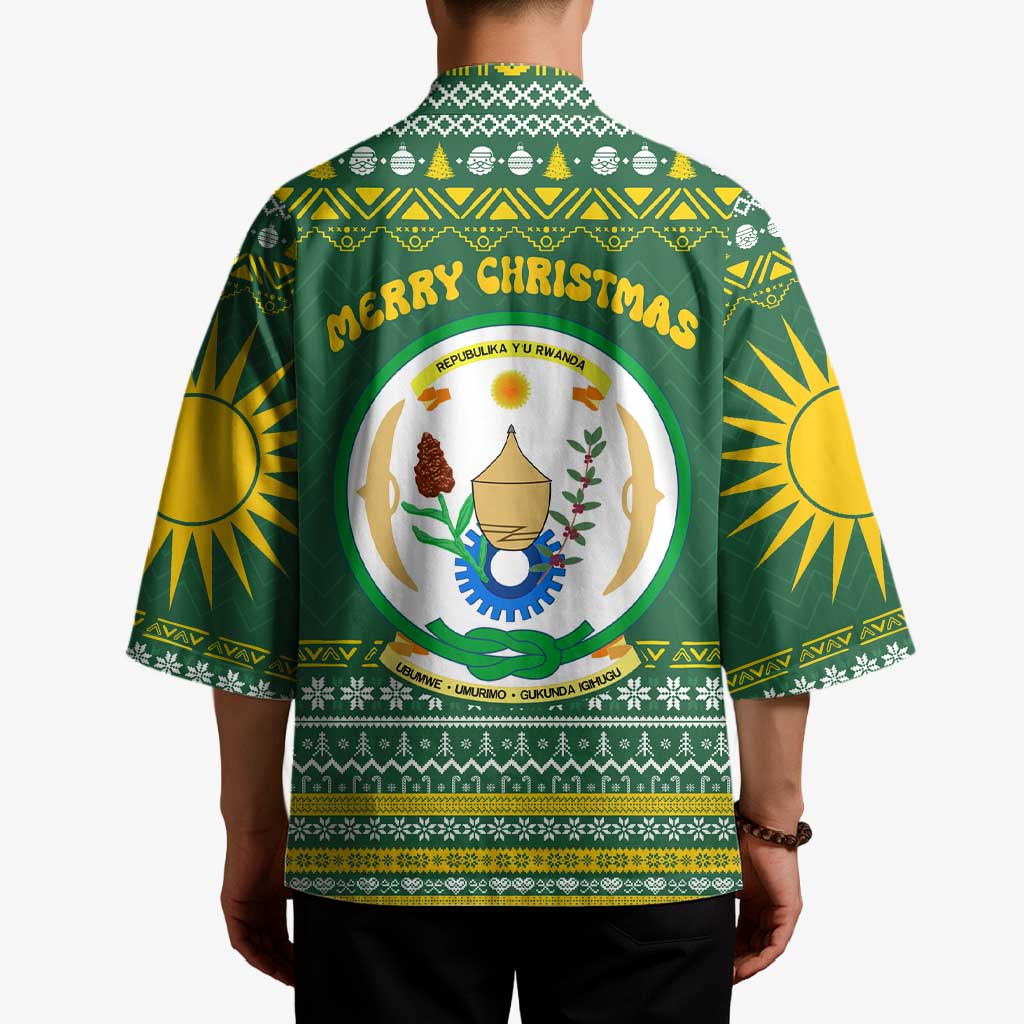 Rwanda Christmas Kimono with Green-Yellow Pattern, National Emblem, and Radiant Sun Motif - Wonder Print Shop