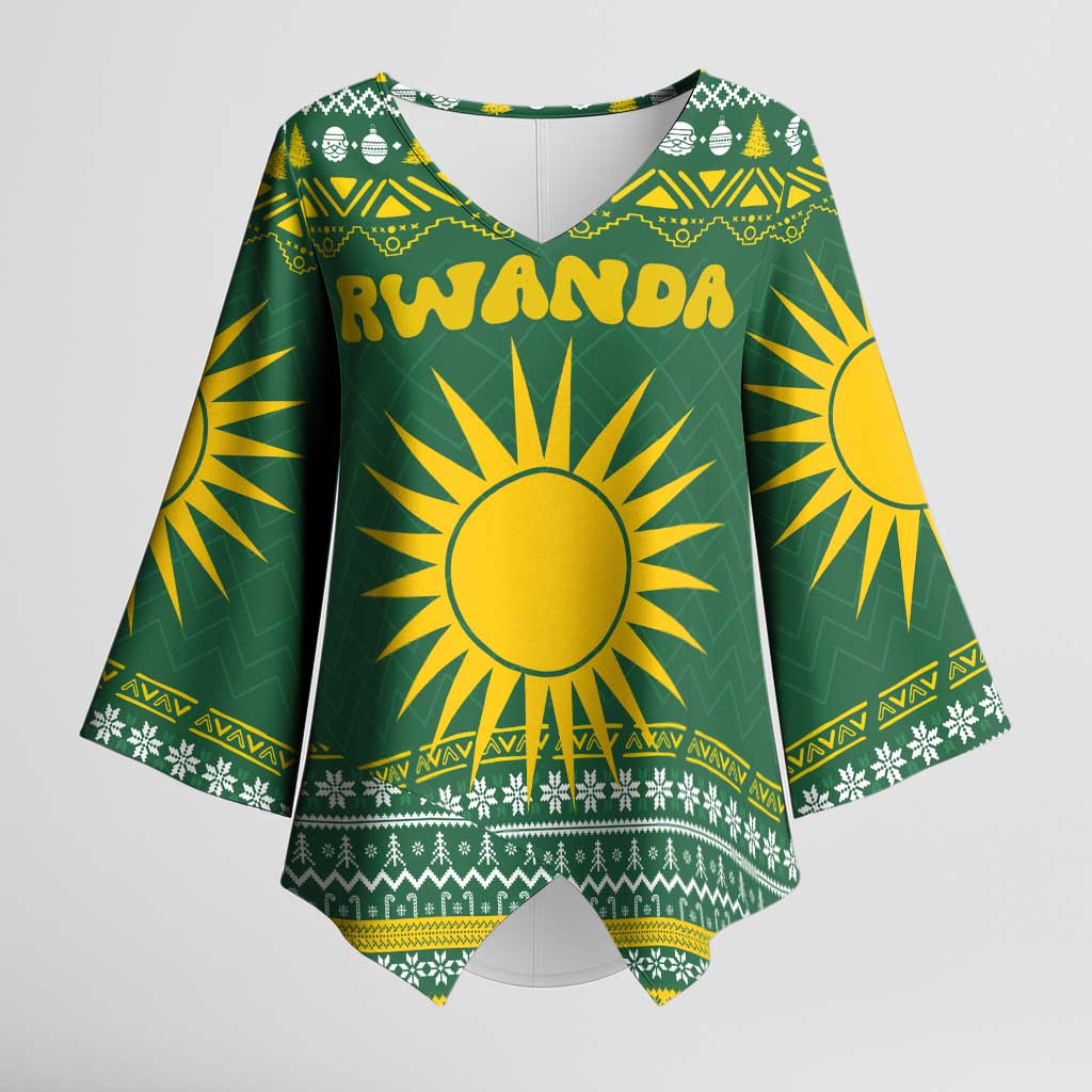 Rwanda Christmas Kimono Sleeve Blouse with Green-Yellow Pattern, National Emblem, and Radiant Sun Motif - Wonder Print Shop