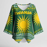Rwanda Christmas Kimono Sleeve Blouse with Green-Yellow Pattern, National Emblem, and Radiant Sun Motif - Wonder Print Shop