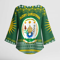Rwanda Christmas Kimono Sleeve Blouse with Green-Yellow Pattern, National Emblem, and Radiant Sun Motif - Wonder Print Shop