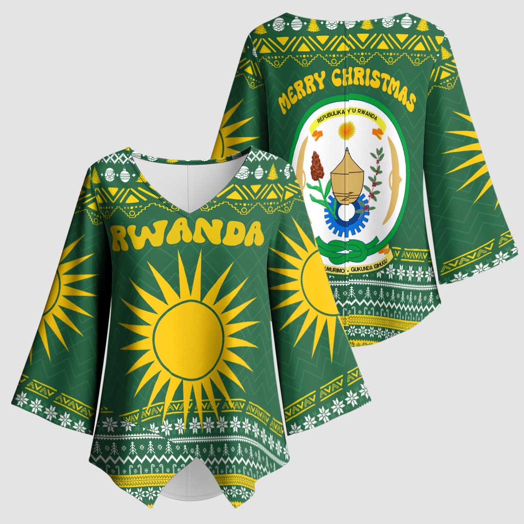 Rwanda Christmas Kimono Sleeve Blouse with Green-Yellow Pattern, National Emblem, and Radiant Sun Motif - Wonder Print Shop