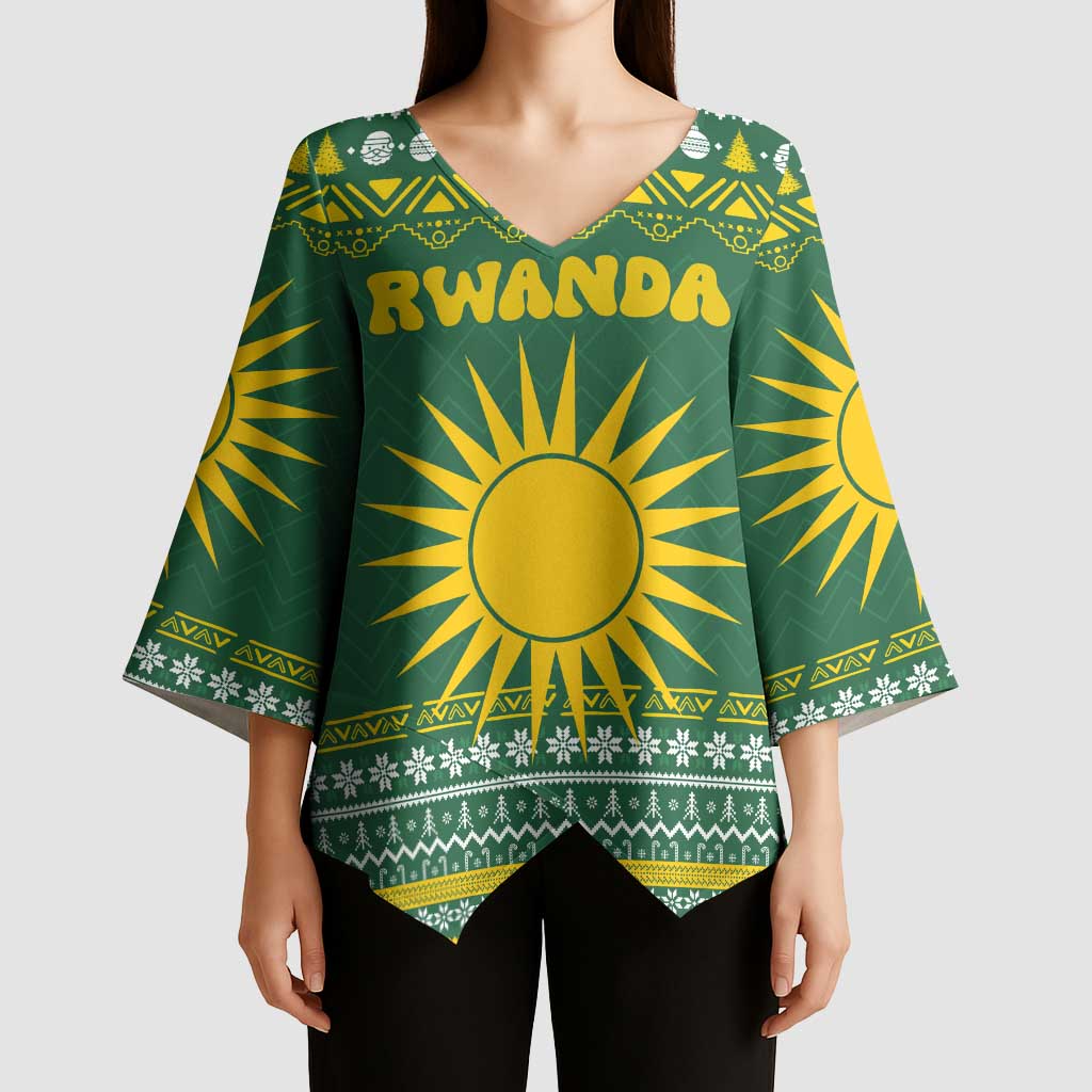 Rwanda Christmas Kimono Sleeve Blouse with Green-Yellow Pattern, National Emblem, and Radiant Sun Motif - Wonder Print Shop