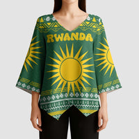 Rwanda Christmas Kimono Sleeve Blouse with Green-Yellow Pattern, National Emblem, and Radiant Sun Motif - Wonder Print Shop