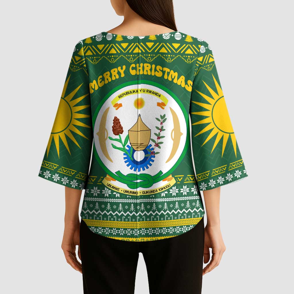Rwanda Christmas Kimono Sleeve Blouse with Green-Yellow Pattern, National Emblem, and Radiant Sun Motif - Wonder Print Shop
