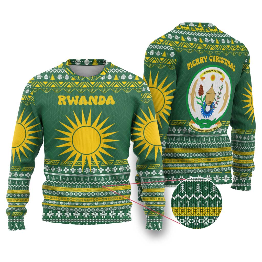 Rwanda Christmas Ugly Christmas Sweater with Green-Yellow Pattern, National Emblem, and Radiant Sun Motif - Wonder Print Shop