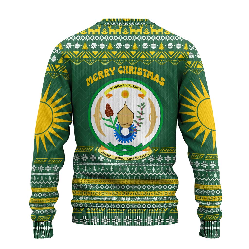 Rwanda Christmas Ugly Christmas Sweater with Green-Yellow Pattern, National Emblem, and Radiant Sun Motif - Wonder Print Shop