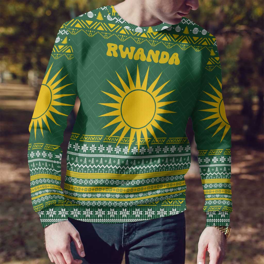 Rwanda Christmas Ugly Christmas Sweater with Green-Yellow Pattern, National Emblem, and Radiant Sun Motif - Wonder Print Shop