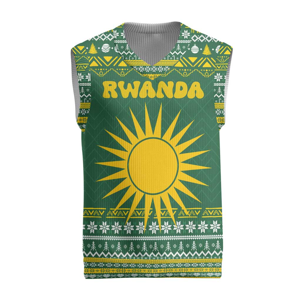 Rwanda Christmas Knitted V-Neck Vest with Green-Yellow Pattern, National Emblem, and Radiant Sun Motif - Wonder Print Shop