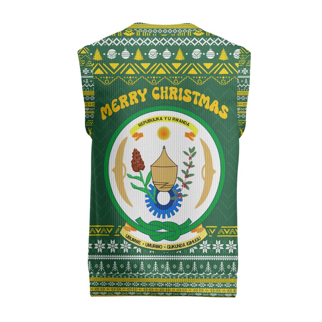 Rwanda Christmas Knitted V-Neck Vest with Green-Yellow Pattern, National Emblem, and Radiant Sun Motif - Wonder Print Shop
