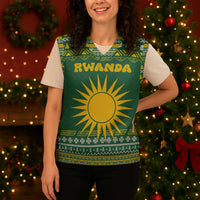 Rwanda Christmas Knitted V-Neck Vest with Green-Yellow Pattern, National Emblem, and Radiant Sun Motif - Wonder Print Shop
