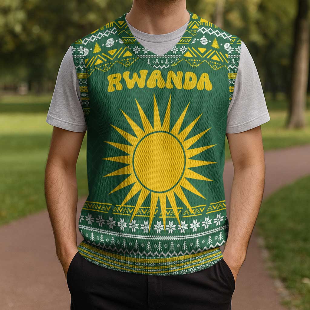 Rwanda Christmas Knitted V-Neck Vest with Green-Yellow Pattern, National Emblem, and Radiant Sun Motif - Wonder Print Shop