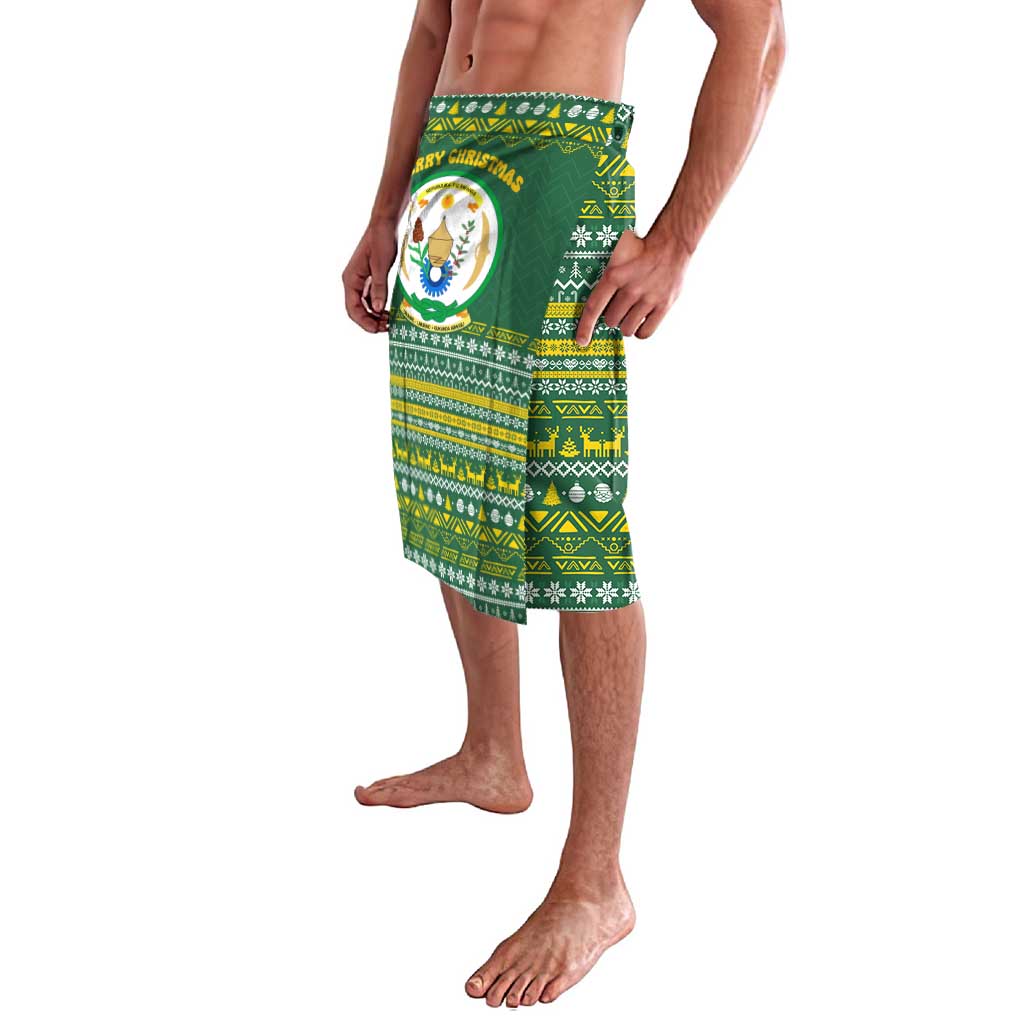 Rwanda Christmas Lavalava with Green-Yellow Pattern, National Emblem, and Radiant Sun Motif - Wonder Print Shop