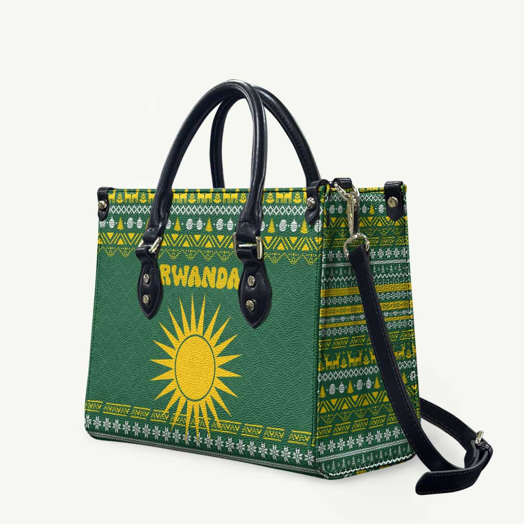 Rwanda Christmas Leather Bag with Green-Yellow Pattern, National Emblem, and Radiant Sun Motif - Wonder Print Shop