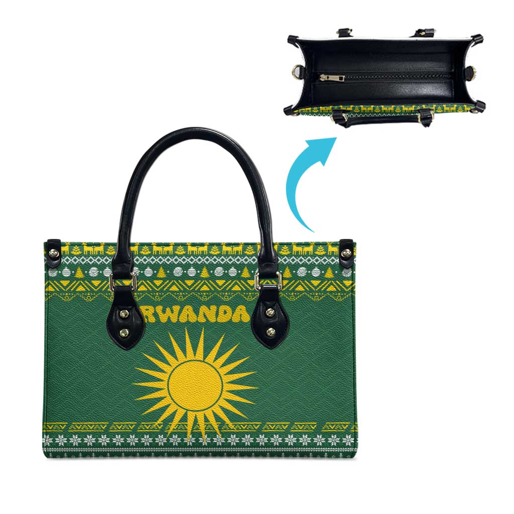 Rwanda Christmas Leather Bag with Green-Yellow Pattern, National Emblem, and Radiant Sun Motif - Wonder Print Shop