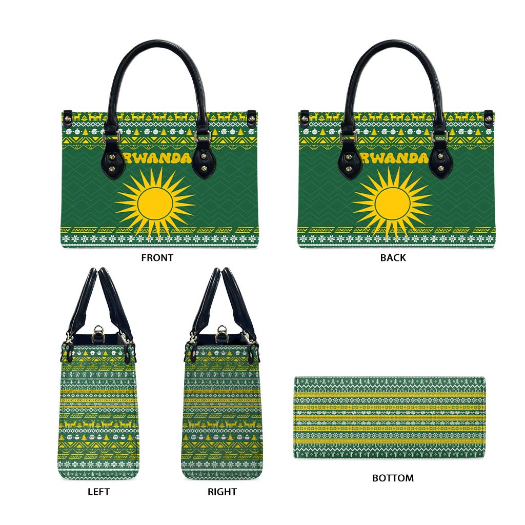 Rwanda Christmas Leather Bag with Green-Yellow Pattern, National Emblem, and Radiant Sun Motif - Wonder Print Shop