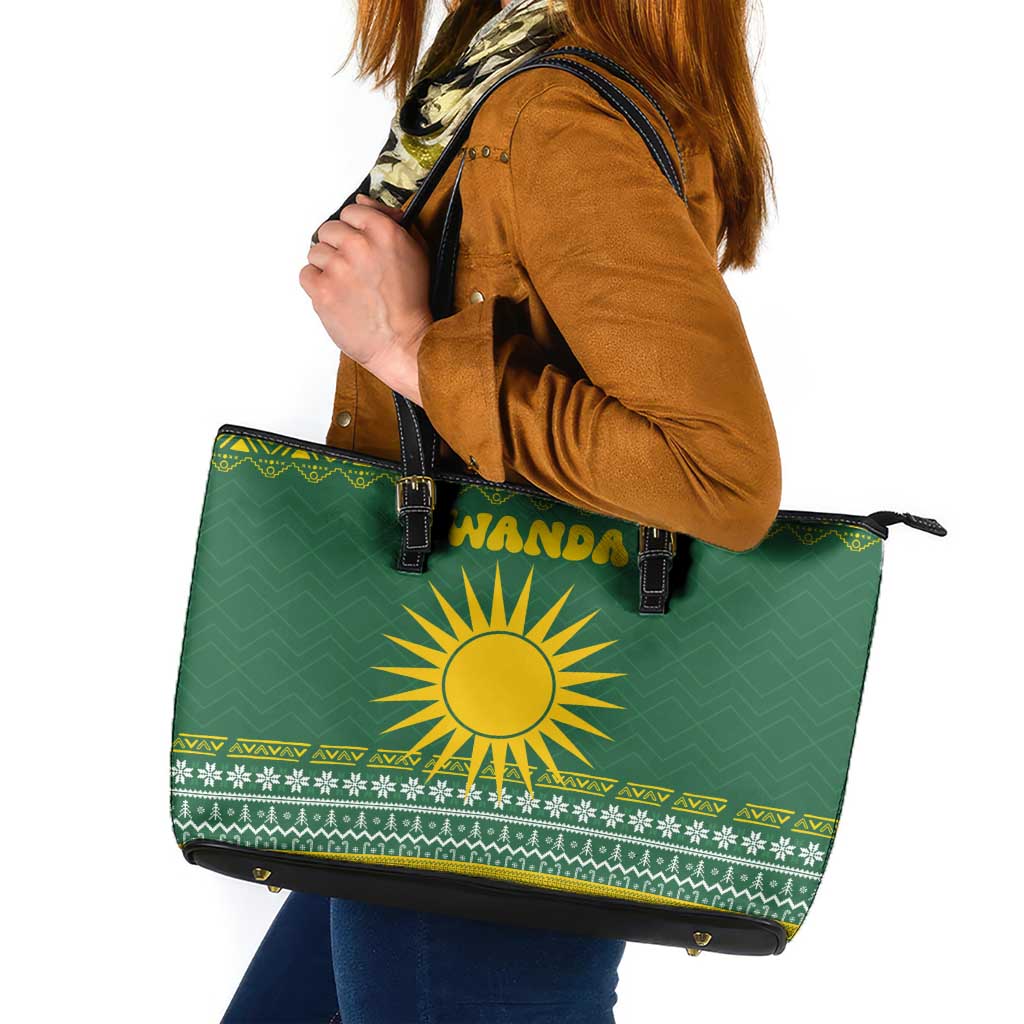 Rwanda Christmas Leather Tote Bag with Green-Yellow Pattern, National Emblem, and Radiant Sun Motif - Wonder Print Shop
