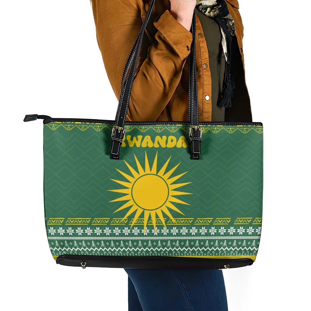 Rwanda Christmas Leather Tote Bag with Green-Yellow Pattern, National Emblem, and Radiant Sun Motif - Wonder Print Shop