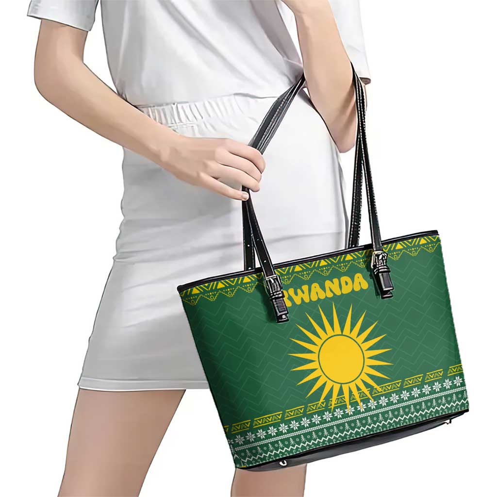 Rwanda Christmas Leather Tote Bag with Green-Yellow Pattern, National Emblem, and Radiant Sun Motif - Wonder Print Shop
