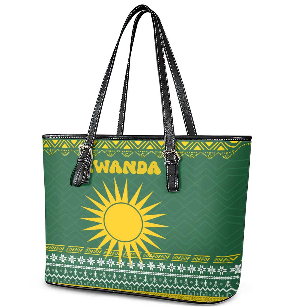 Rwanda Christmas Leather Tote Bag with Green-Yellow Pattern, National Emblem, and Radiant Sun Motif - Wonder Print Shop
