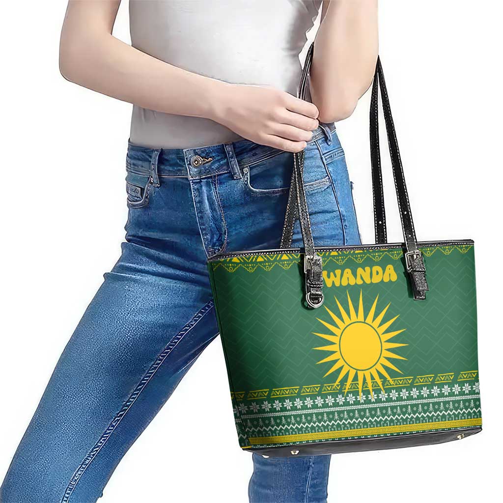 Rwanda Christmas Leather Tote Bag with Green-Yellow Pattern, National Emblem, and Radiant Sun Motif - Wonder Print Shop