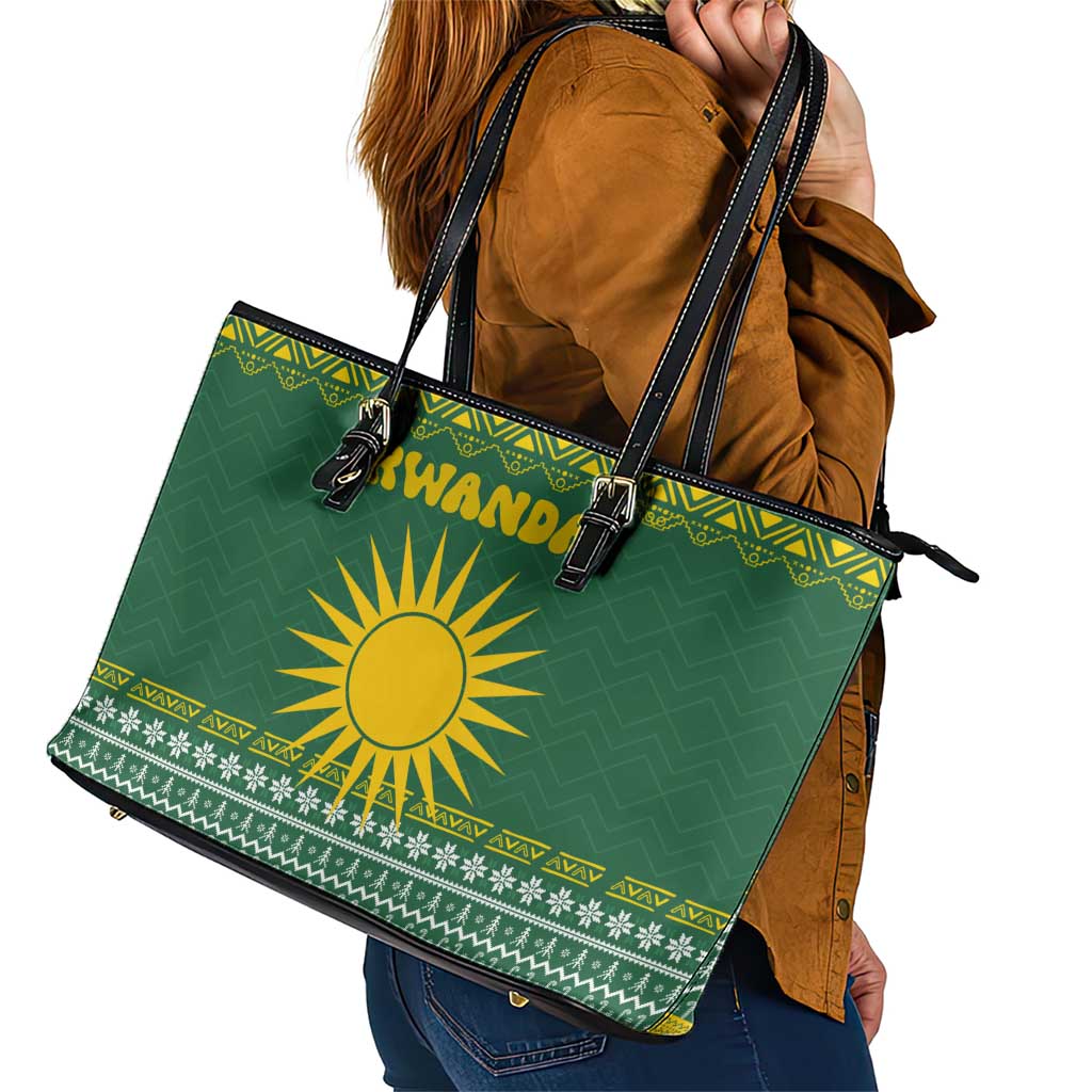 Rwanda Christmas Leather Tote Bag with Green-Yellow Pattern, National Emblem, and Radiant Sun Motif - Wonder Print Shop