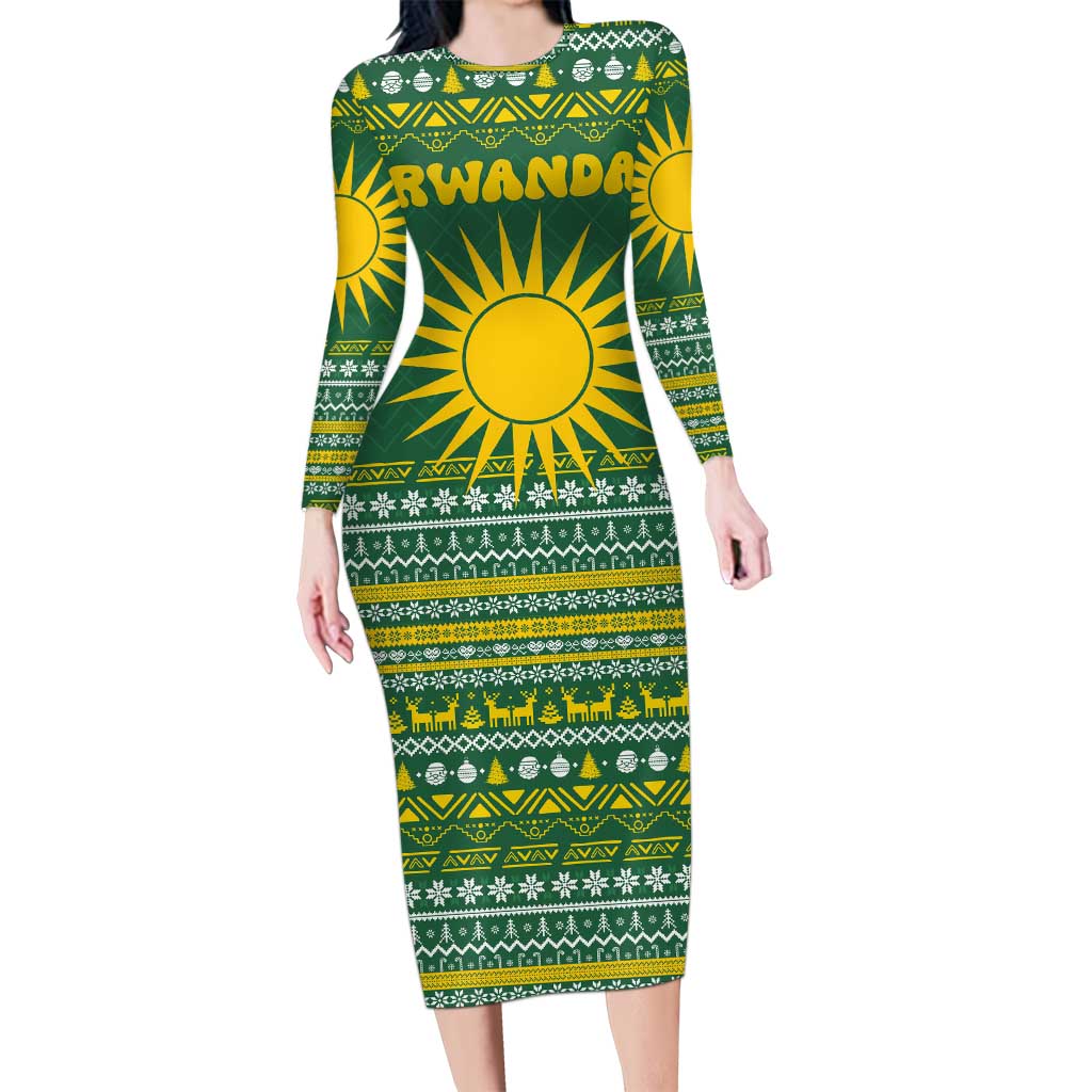 Rwanda Christmas Long Sleeve Bodycon Dress with Green-Yellow Pattern, National Emblem, and Radiant Sun Motif - Wonder Print Shop