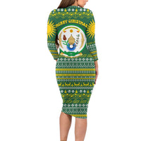 Rwanda Christmas Long Sleeve Bodycon Dress with Green-Yellow Pattern, National Emblem, and Radiant Sun Motif - Wonder Print Shop