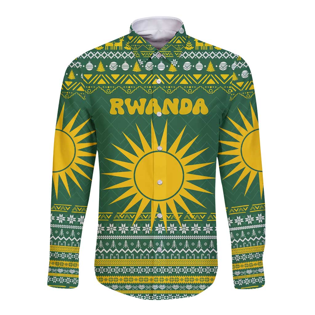 Rwanda Christmas Long Sleeve Button Shirt with Green-Yellow Pattern, National Emblem, and Radiant Sun Motif - Wonder Print Shop