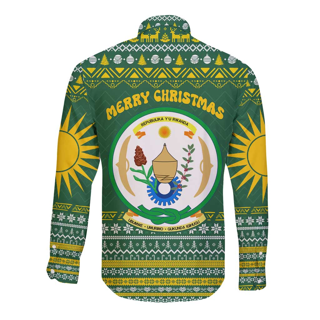 Rwanda Christmas Long Sleeve Button Shirt with Green-Yellow Pattern, National Emblem, and Radiant Sun Motif - Wonder Print Shop