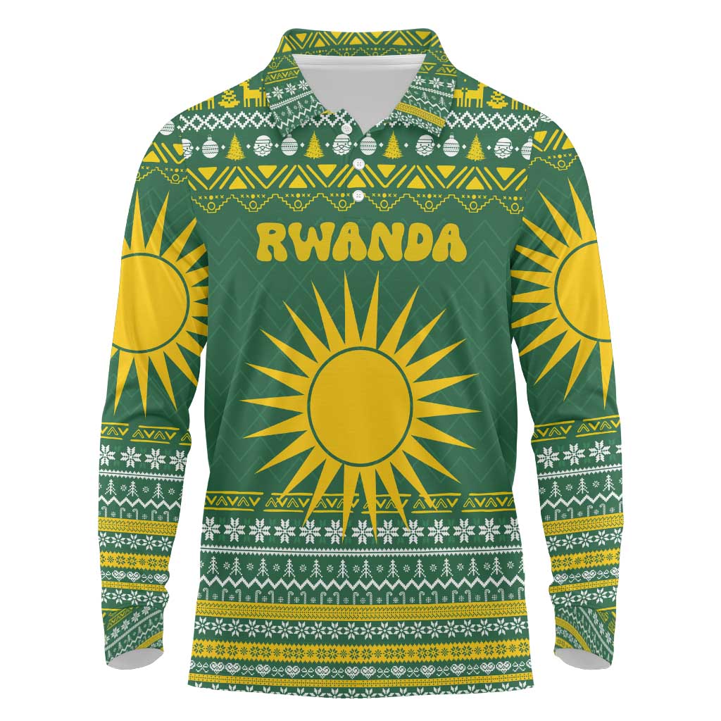 Rwanda Christmas Long Sleeve Polo Shirt with Green-Yellow Pattern, National Emblem, and Radiant Sun Motif - Wonder Print Shop