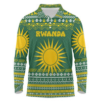 Rwanda Christmas Long Sleeve Polo Shirt with Green-Yellow Pattern, National Emblem, and Radiant Sun Motif - Wonder Print Shop
