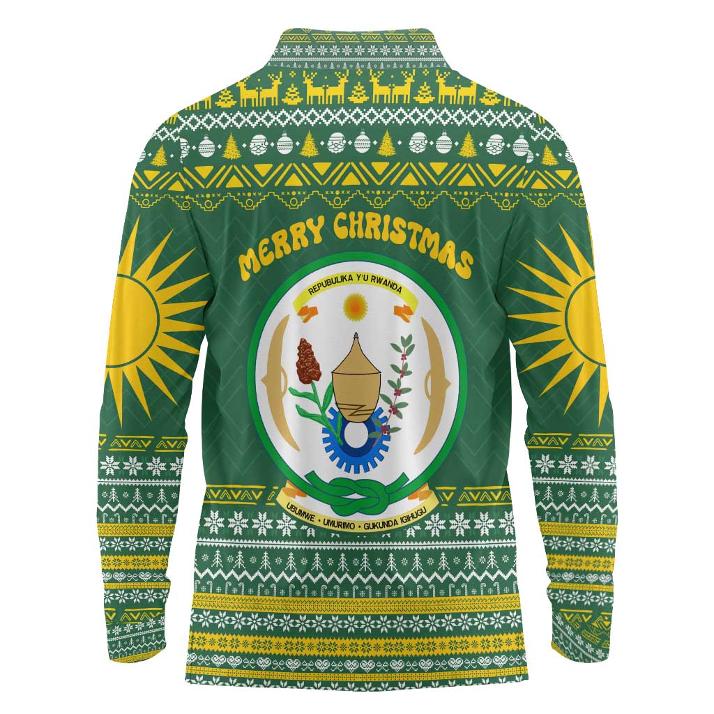 Rwanda Christmas Long Sleeve Polo Shirt with Green-Yellow Pattern, National Emblem, and Radiant Sun Motif - Wonder Print Shop