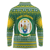 Rwanda Christmas Long Sleeve Polo Shirt with Green-Yellow Pattern, National Emblem, and Radiant Sun Motif - Wonder Print Shop