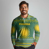 Rwanda Christmas Long Sleeve Polo Shirt with Green-Yellow Pattern, National Emblem, and Radiant Sun Motif - Wonder Print Shop
