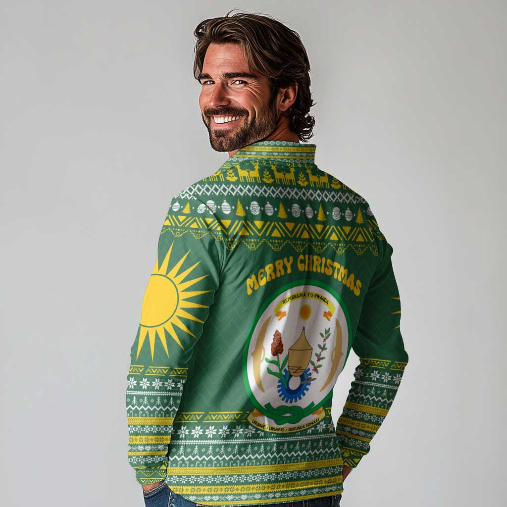 Rwanda Christmas Long Sleeve Polo Shirt with Green-Yellow Pattern, National Emblem, and Radiant Sun Motif - Wonder Print Shop