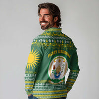 Rwanda Christmas Long Sleeve Polo Shirt with Green-Yellow Pattern, National Emblem, and Radiant Sun Motif - Wonder Print Shop