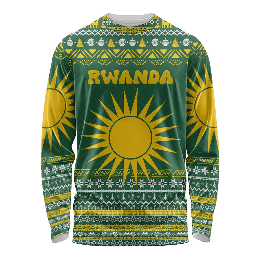 Rwanda Christmas Long Sleeve Shirt with Green-Yellow Pattern, National Emblem, and Radiant Sun Motif - Wonder Print Shop