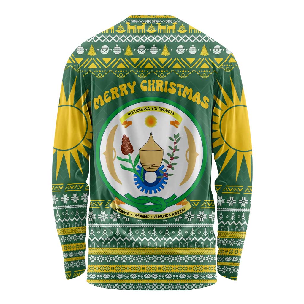 Rwanda Christmas Long Sleeve Shirt with Green-Yellow Pattern, National Emblem, and Radiant Sun Motif - Wonder Print Shop