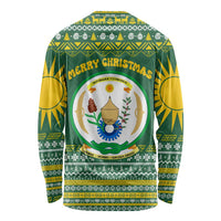 Rwanda Christmas Long Sleeve Shirt with Green-Yellow Pattern, National Emblem, and Radiant Sun Motif - Wonder Print Shop