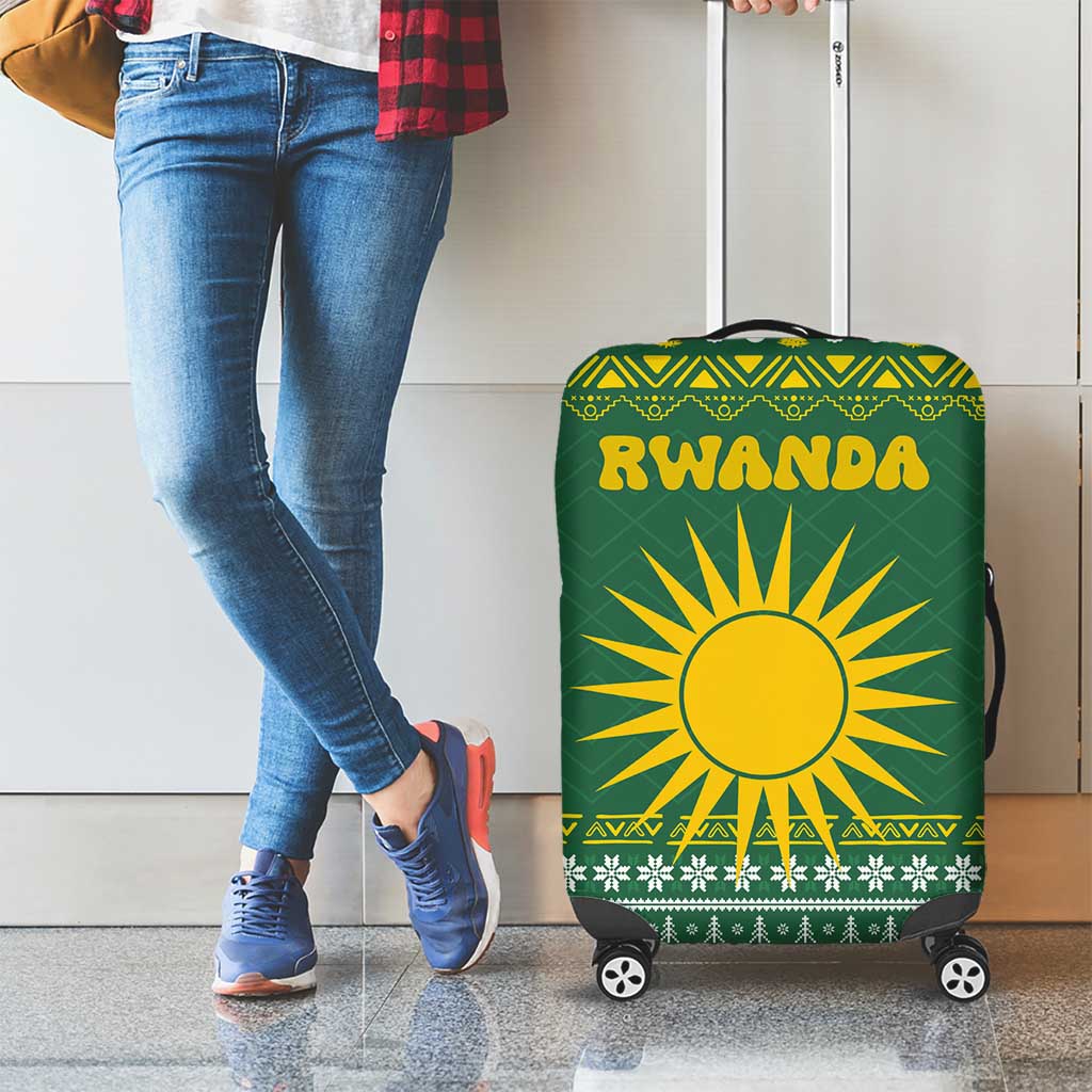 Rwanda Christmas Luggage Cover with Green-Yellow Pattern, National Emblem, and Radiant Sun Motif - Wonder Print Shop