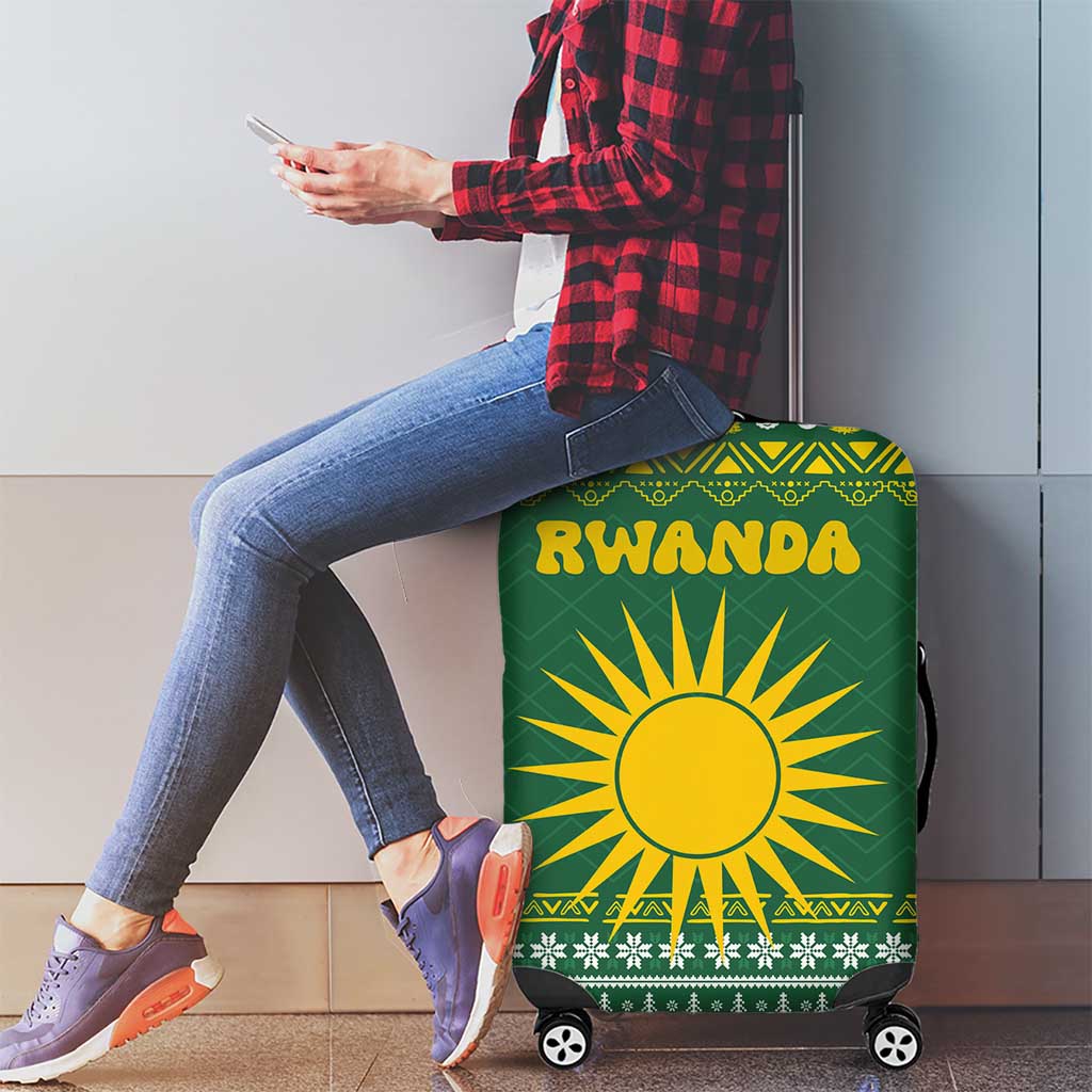 Rwanda Christmas Luggage Cover with Green-Yellow Pattern, National Emblem, and Radiant Sun Motif - Wonder Print Shop
