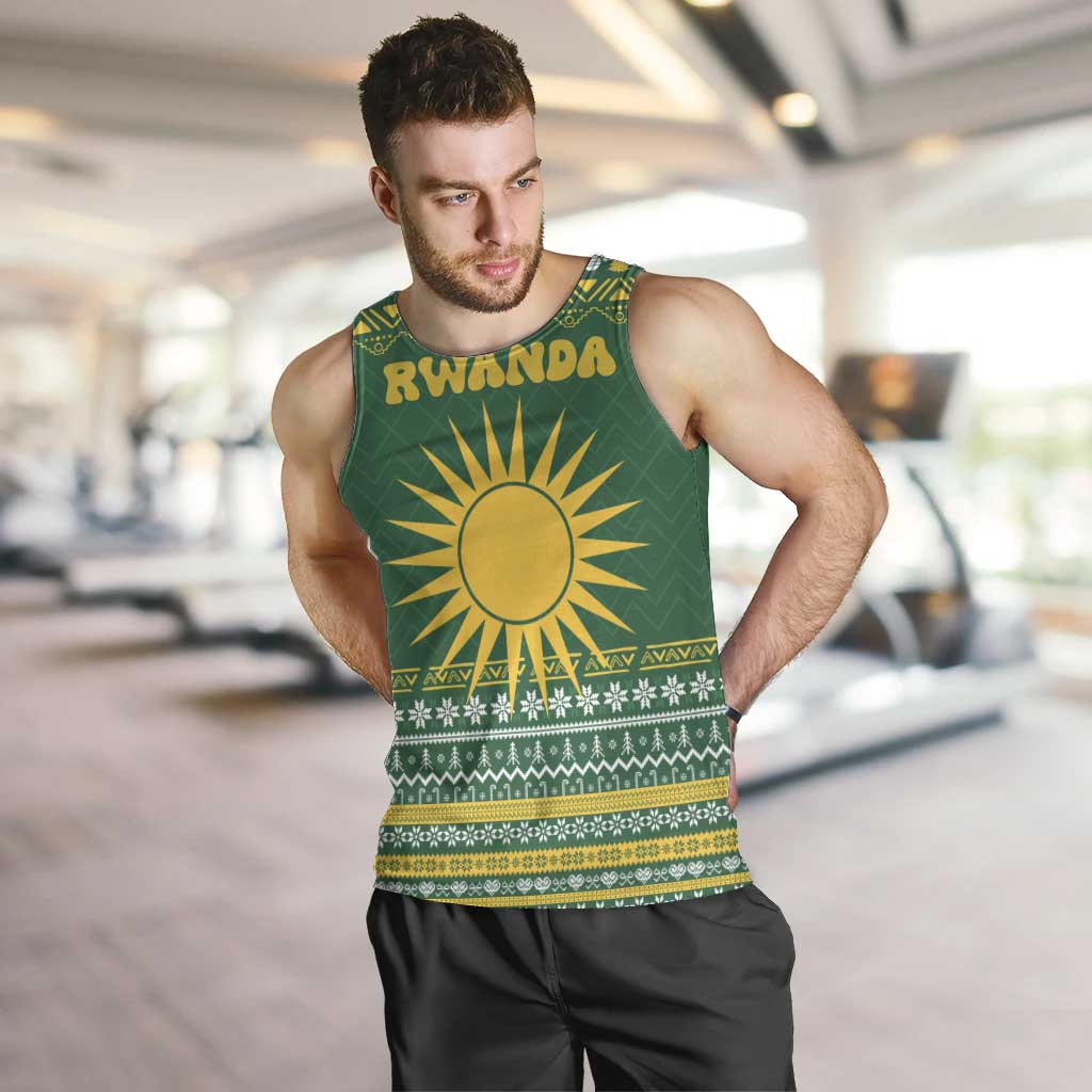 Rwanda Christmas Men Tank Top with Green-Yellow Pattern, National Emblem, and Radiant Sun Motif - Wonder Print Shop