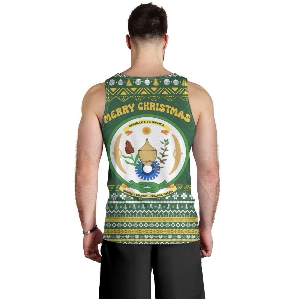 Rwanda Christmas Men Tank Top with Green-Yellow Pattern, National Emblem, and Radiant Sun Motif - Wonder Print Shop