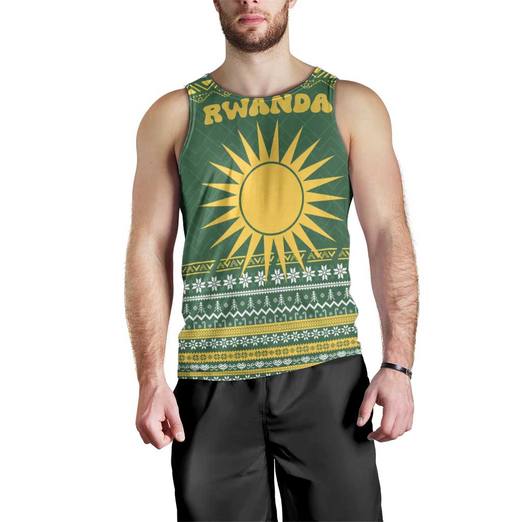 Rwanda Christmas Men Tank Top with Green-Yellow Pattern, National Emblem, and Radiant Sun Motif - Wonder Print Shop