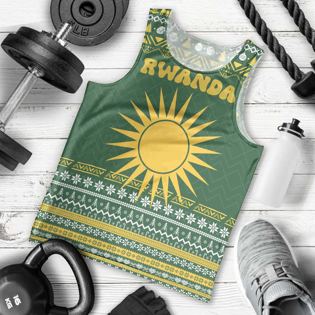 Rwanda Christmas Men Tank Top with Green-Yellow Pattern, National Emblem, and Radiant Sun Motif - Wonder Print Shop