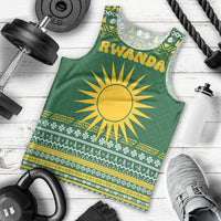 Rwanda Christmas Men Tank Top with Green-Yellow Pattern, National Emblem, and Radiant Sun Motif - Wonder Print Shop