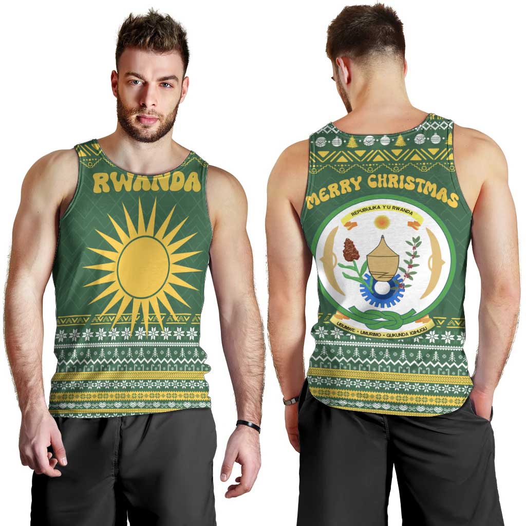 Rwanda Christmas Men Tank Top with Green-Yellow Pattern, National Emblem, and Radiant Sun Motif - Wonder Print Shop