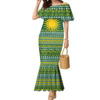 Rwanda Christmas Mermaid Dress with Green-Yellow Pattern, National Emblem, and Radiant Sun Motif - Wonder Print Shop